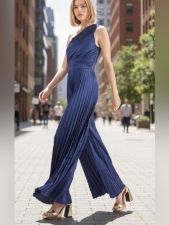Abercrombie & Fitch Pants - Abercrombie & Fitch Giselle Pleated One-Shoulder Jumpsuit XS Navy Blue